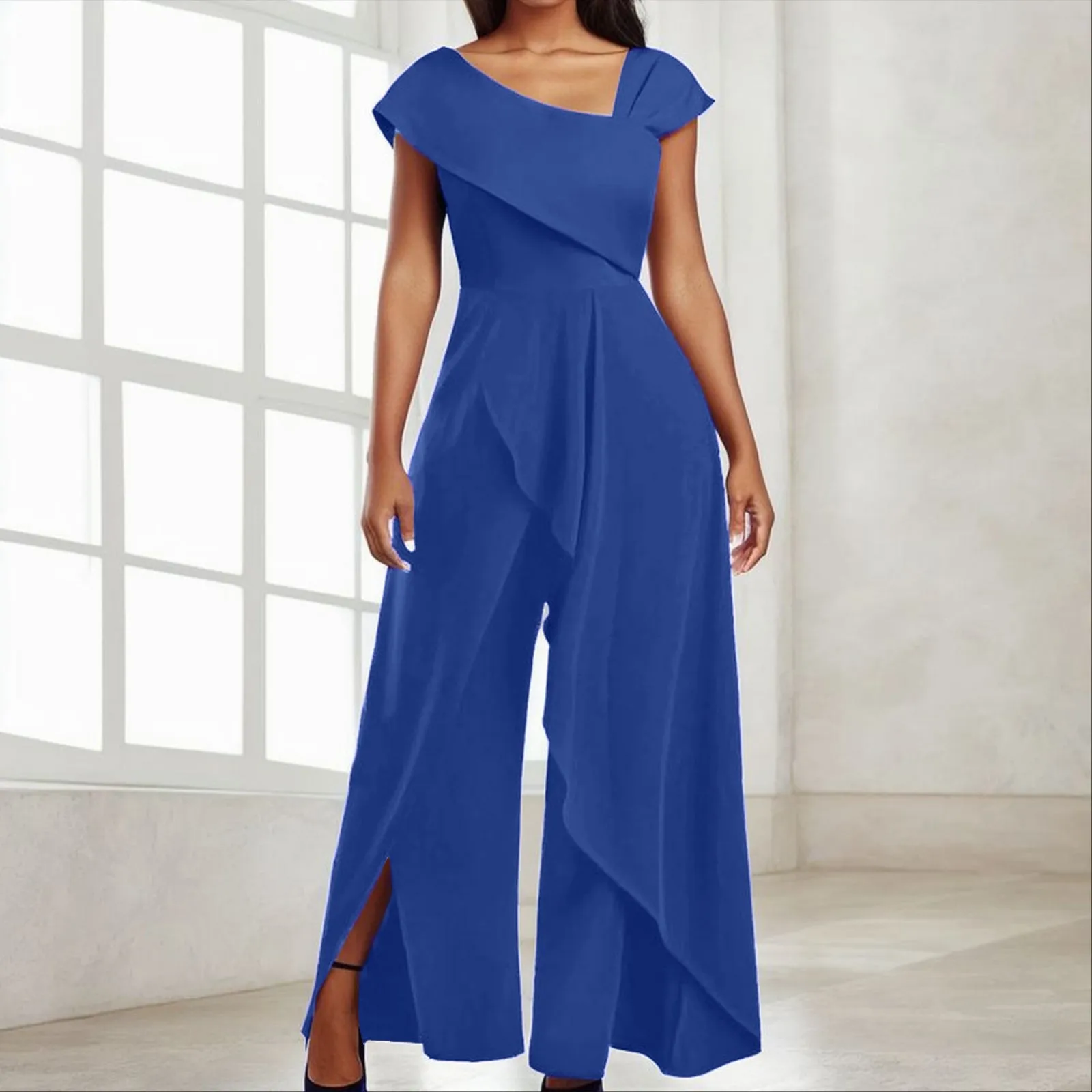 

Ladies Fashion Simple Temperament Jumpsuit Women Short Elegant Sleeve Collar Solid Color Pants Party Irregular Club Suit