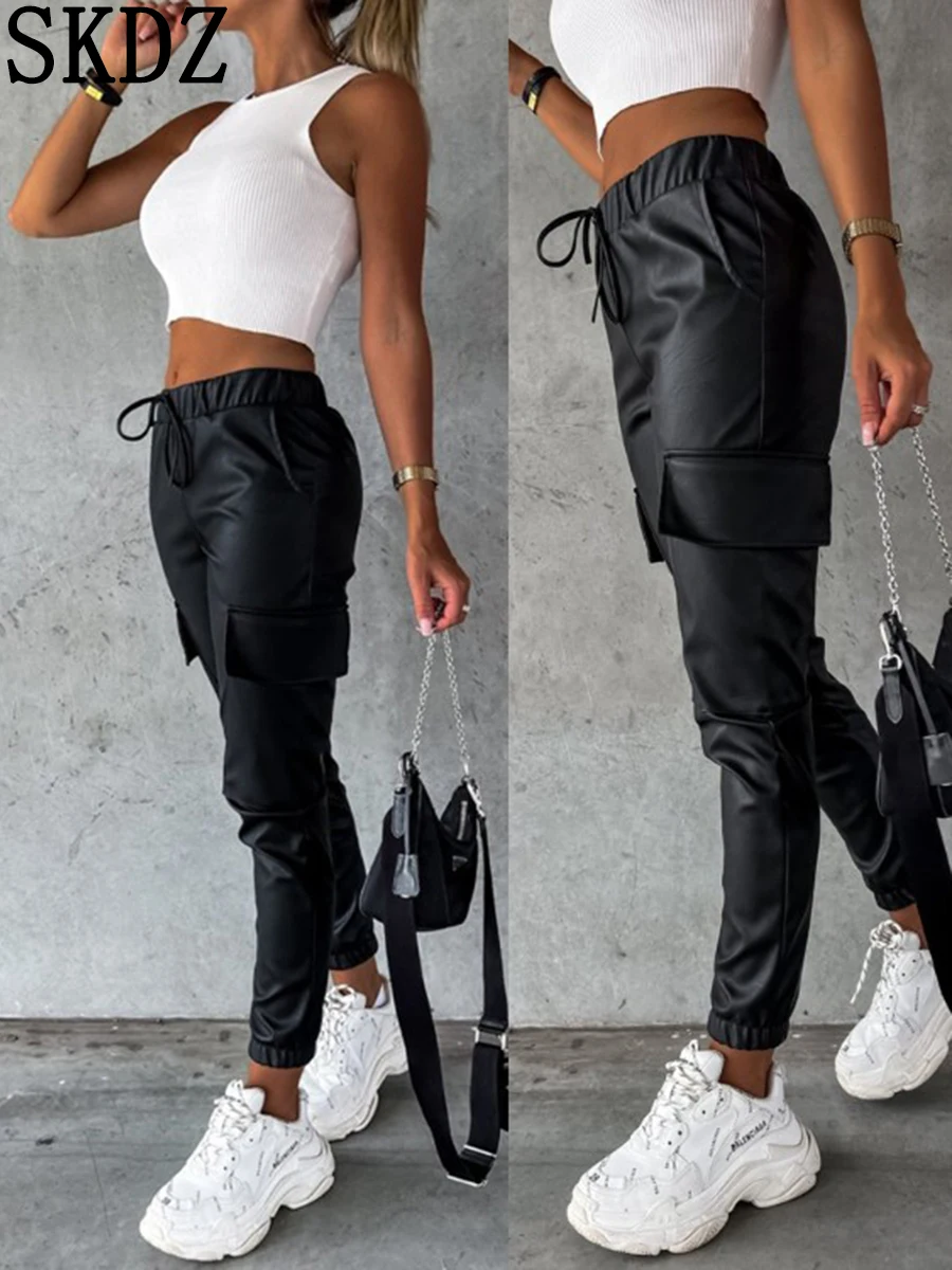 

Black Elastic Waist PU Leather Cuffed Pants Autumn New Fashion Versatile Solid Color Casual Pocket Design Leggings Bottoms