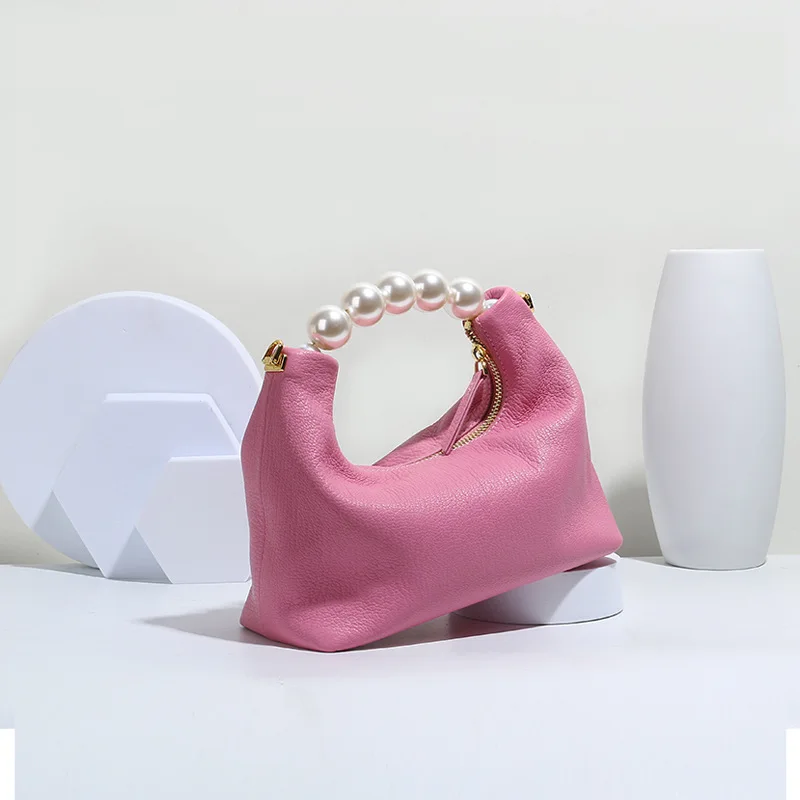 

2022 Women New Fashion Genuine Leather Soft Sheepskin Beaded Handle Shoulder Bag Underarm Bag Office Daily