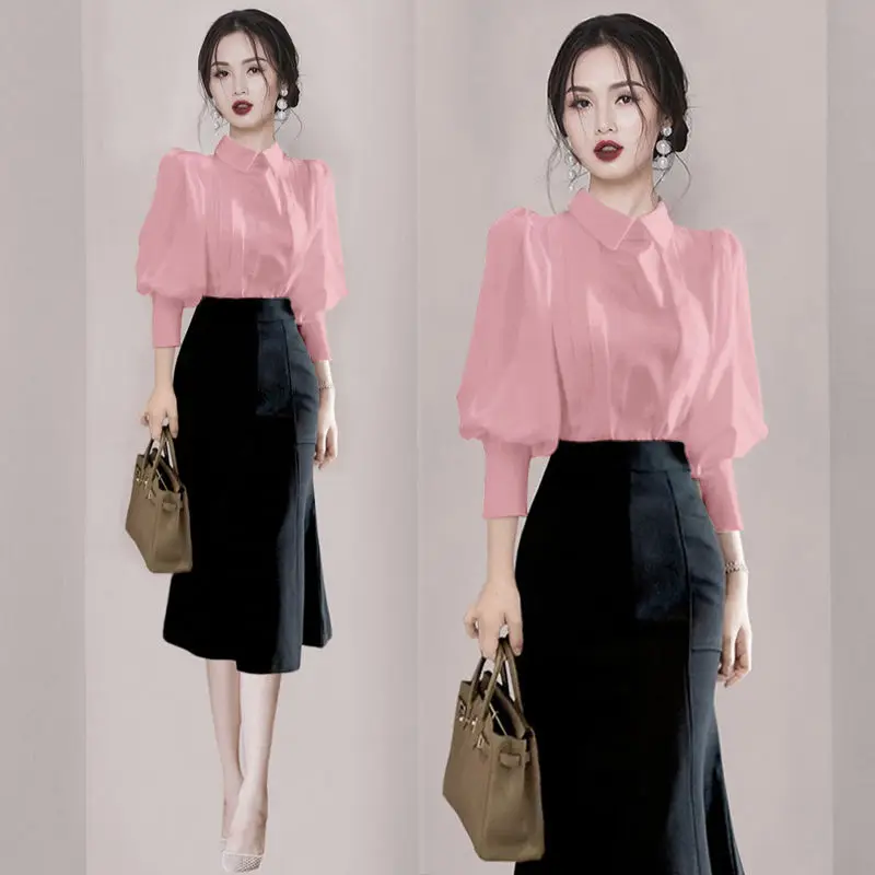 

Woman Office Graceful Long Sleeve Slim Shirt Top and Mini Skirts Two Piece Dress Set Female Blouse Elegant Skirt Outfits G123