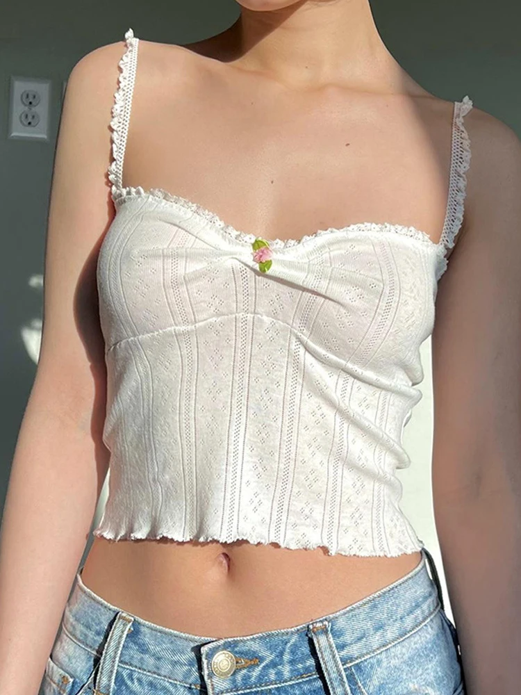 

Summer Fashion Korean Folds Cute Camis Mini New Strap Tops Lace Sexy White Women Chic Trim Tops Cropped Knitted Frill