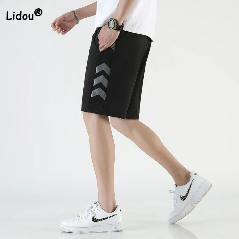 Casual Loose Men's Drawstring Shorts Summer Male Clothes Fashionable High Waist All-match Striped Spliced Solid Color Shorts