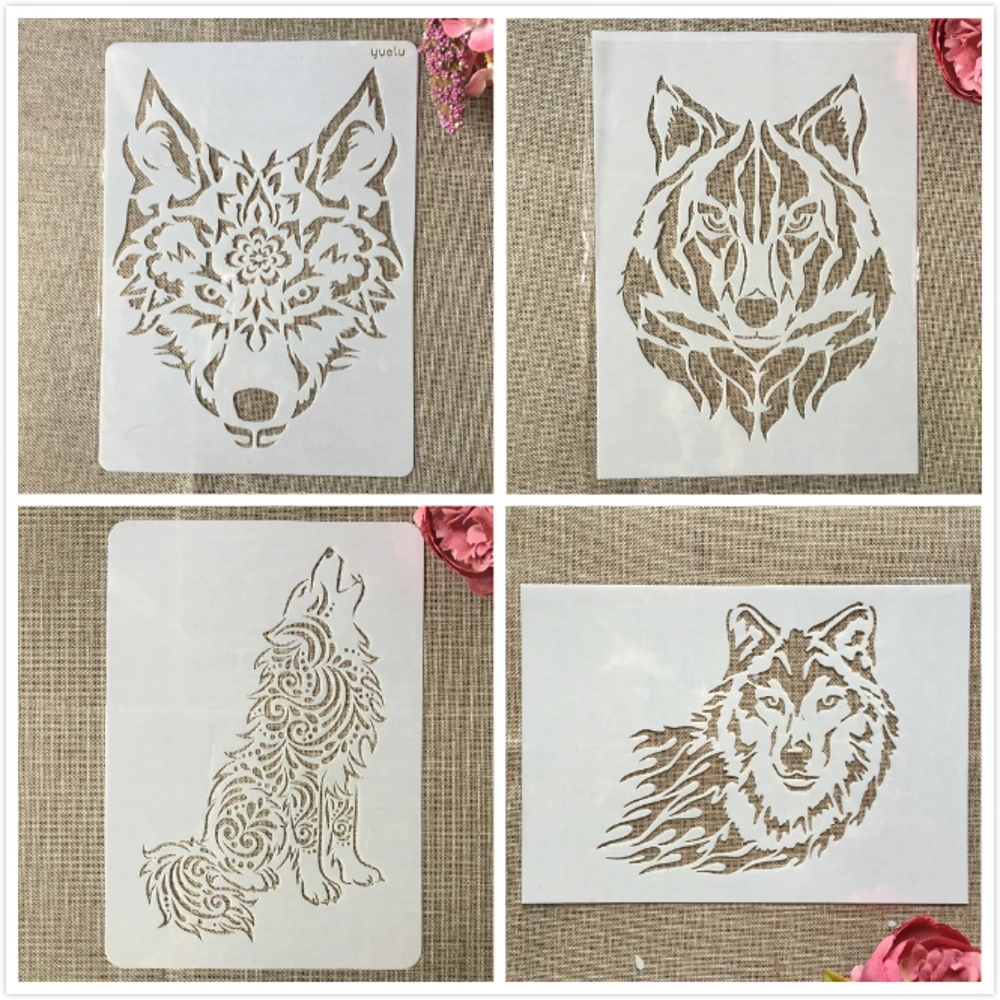 4Pcs/Set A4 29cm Wolf Dog DIY Layering Stencils Painting Scrapbook Coloring Embossing Album Decorative Template