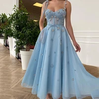 baby blue tea length starry evening dress beaded corset bustier top prom dress with straps a line long party gowns 2022
