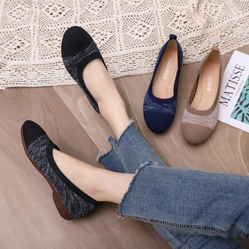 

2022 Breathable Knitted Mesh Ballet Flats Shoes Women Slip on Round Toe Shallow Loafers Ladies Casual Soft Sole Boat Shoes