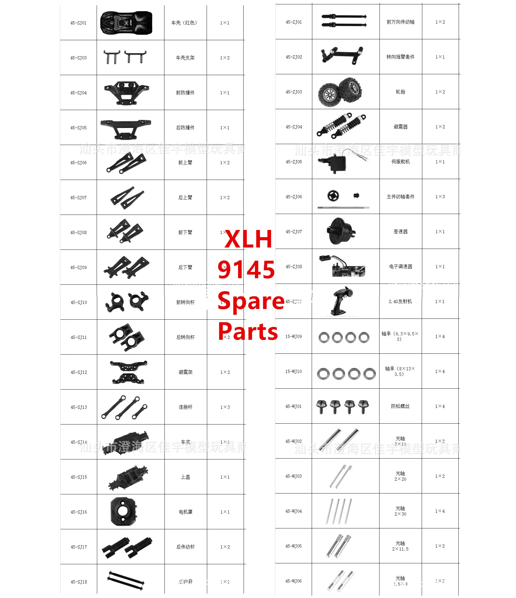 

XLH 9145 RC Car Spare Parts tire swing arm Steering cup Chassis bumper servo Differential ESC Drive shaft shock radio etc 1