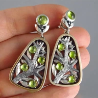 creative leaf branch green stone drop earring new trendy ethnic antique silver color hollow metal women earrings brincos jewelry