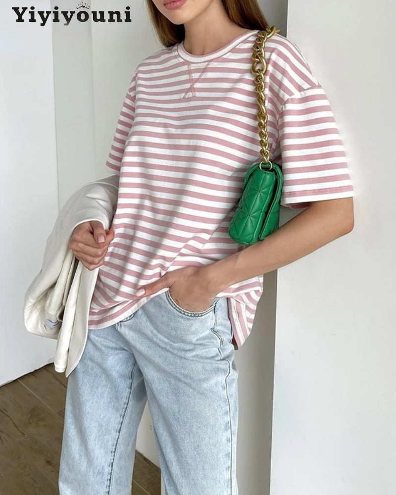 Yiyiyouni Knitted Basic Striped T-Shirts Women Summer Short Sleeve Casual Tops Female Cozy Loose Cotton Tees 2022 Harajuku Shirt