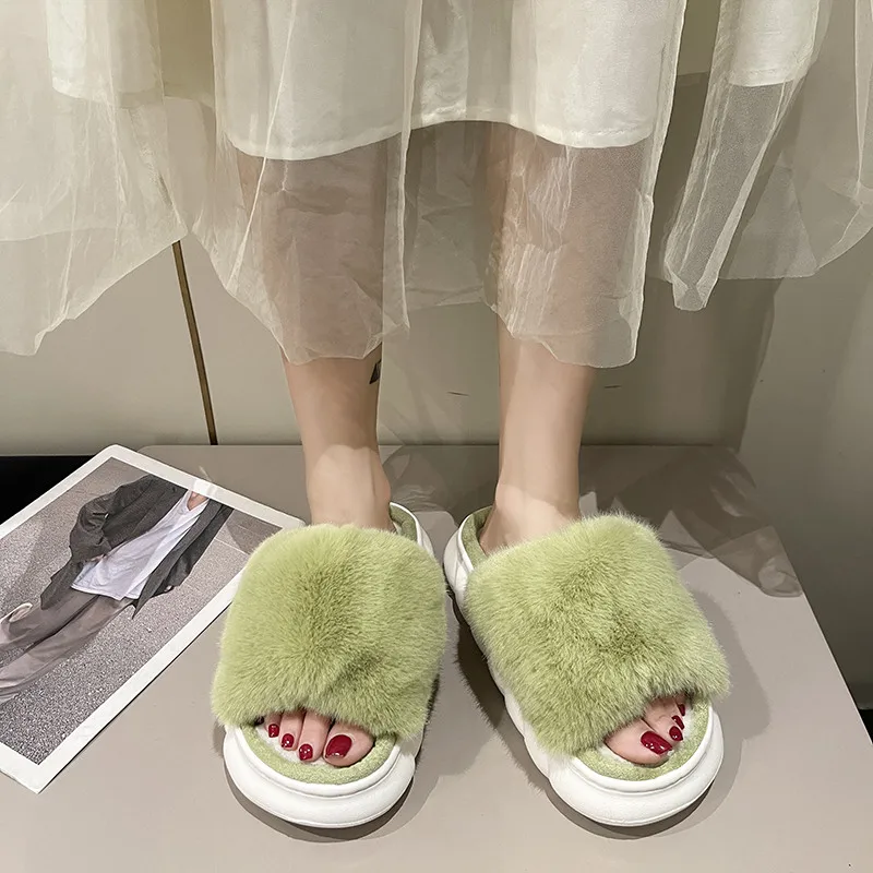

Shoes Woman 2022 Pink Slides Slippers Flat Fashion Med Pantofle Fur Flip Flops Platform Luxury New Massage Plush with fur Rome