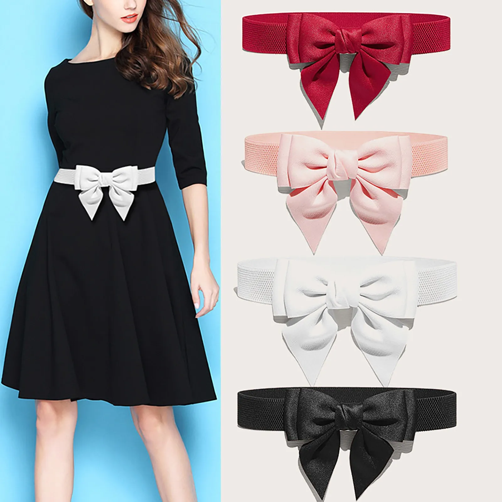 

Cute Bow Pink Belts For Women Luxury Brand Big Bowknot Wide Dress Belt For Jeans Pants Cotton Canvas Waistband Elastic Belts