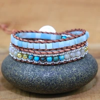 leather moonstone blue beads cubic aquamarine crystal boho spiritual yoga meditation stacking wrap bracelet for women