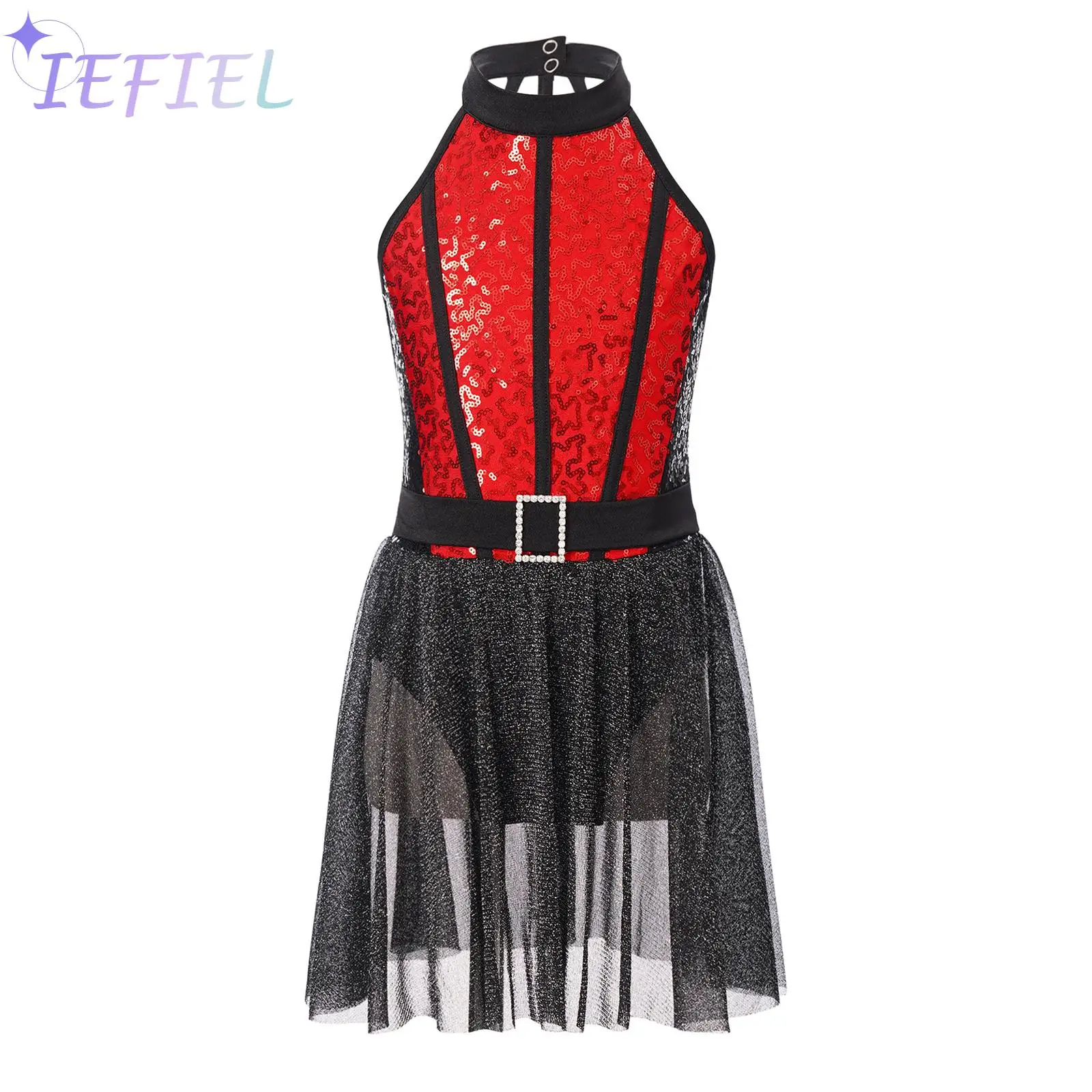 

Children Girls Shiny Sequin Long Sleeve Modern Contemporary Ballet Latin Jazz Dance Dress Shimmery Hem One-Piece Dancewear