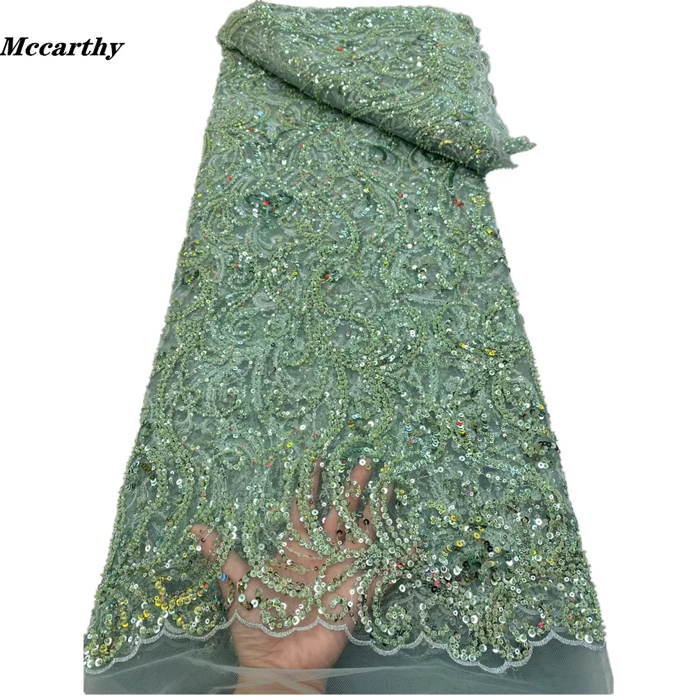 

Mccarthy New Design Beaded Lace Fabric Luxury Handmade Beads Lace Embroidery French Nigerian Tulle Lace Fabric for Wedding