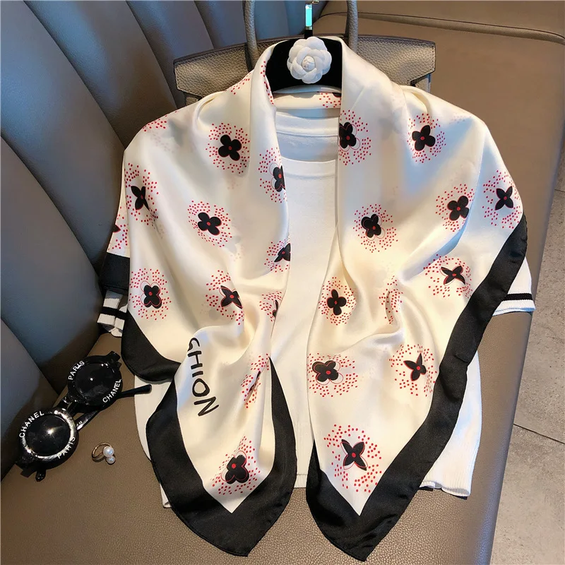 

Elegant Kerchief Large Hijab Scarfs For Women Square Shawl and Wraps Bandana Head Scarf 90*90cm Floral Print Neck Scarves Female