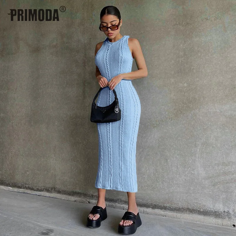 

Blue Summer Bodycon Knitted Dress Ribbed Women Green O-Neck Light Dresses Sexy Sleeveless Maxi Dress Party Clubwear Thin PR2874G