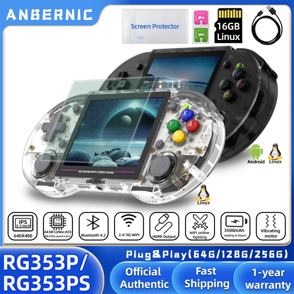 

ANBERNIC RG353P RG353PS 64 Bit Retro Handheld Game Console RK3566 3.5 Inch IPS Screen Support 5G WiFi 4.2 Bluetooth Plug&Play