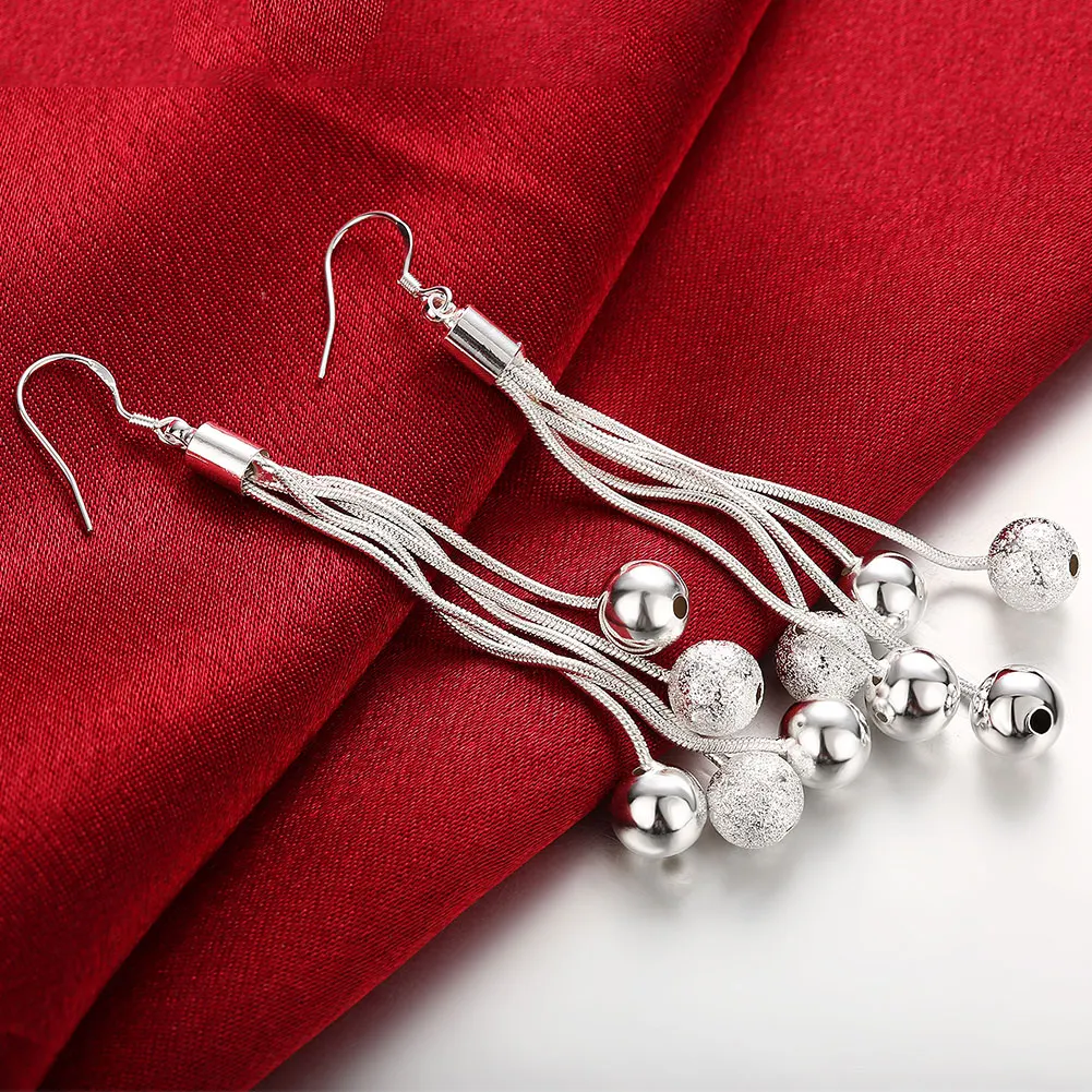 

925 Sterling Silver Five Line Snake Chain Beads Drop Earrings For Women Engagement Fashion Wedding Jewelry