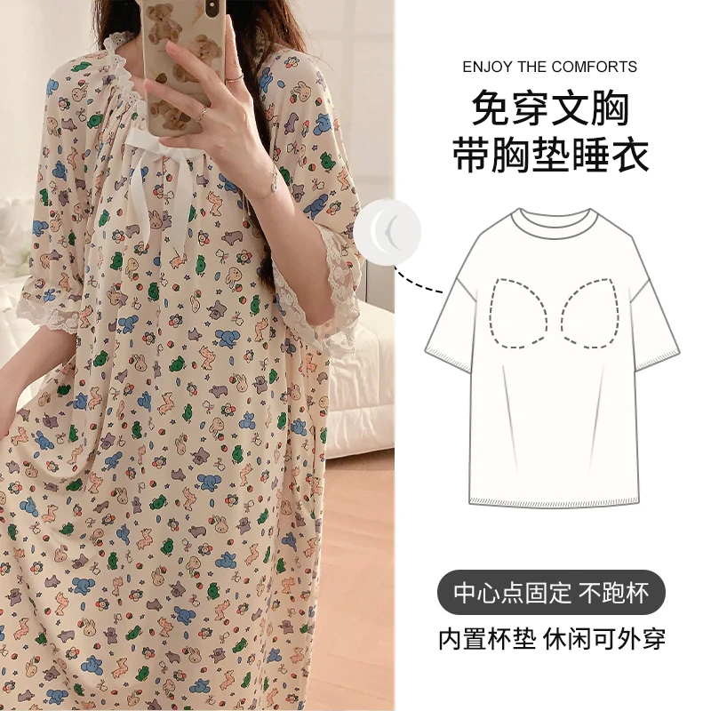 

Summer Women's Nightdress Short-sleeved Big Size Sleepdress Sweet Princess Ladies Lace Bowknot Cartoon Sleepwear Modal Nightwear