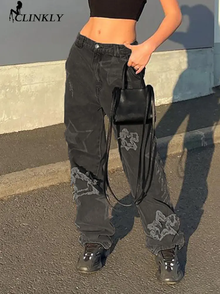 

New Grunge Y2K Streetwear Star Appliques Trim Frayed Black Jeans Indie Aesthetics High Waist Distressed Baggy Denim Pants