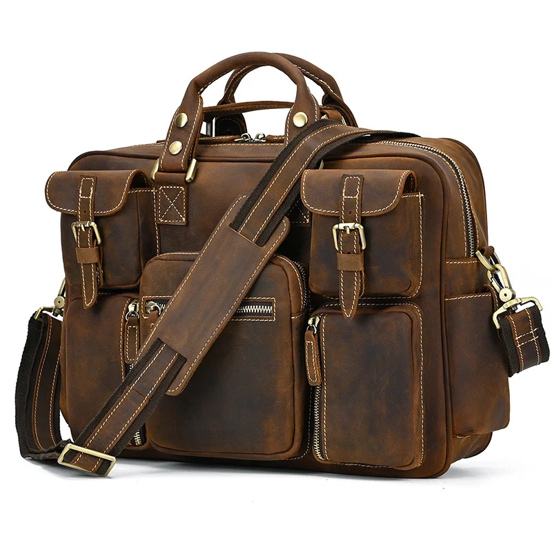 Men Crazy Vintage Horse Briefcase Large Laptop Genuine Leather Business Work Tote Travel Cowhide Messenger Bag