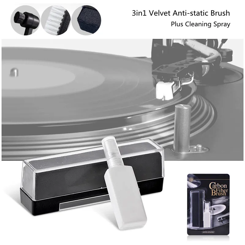 Vinyl Record Cleaner Kit Complete 4in1 Ultra Soft Velvet Records Brush LPs CD Cleaning Spray Turntable Stylus Brush Cleaning Kit