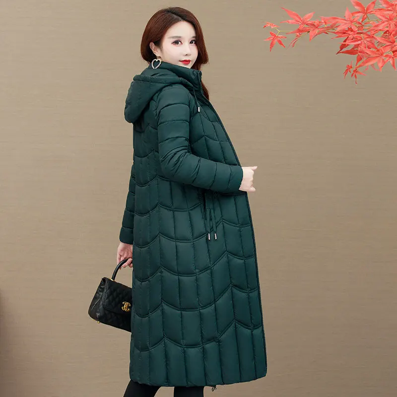 

X-Long Women's Parkas Hooded Slim Zipper Pockets Ladies Casual Winter Jacket Solid Outerwear Quilted Overcoat Female