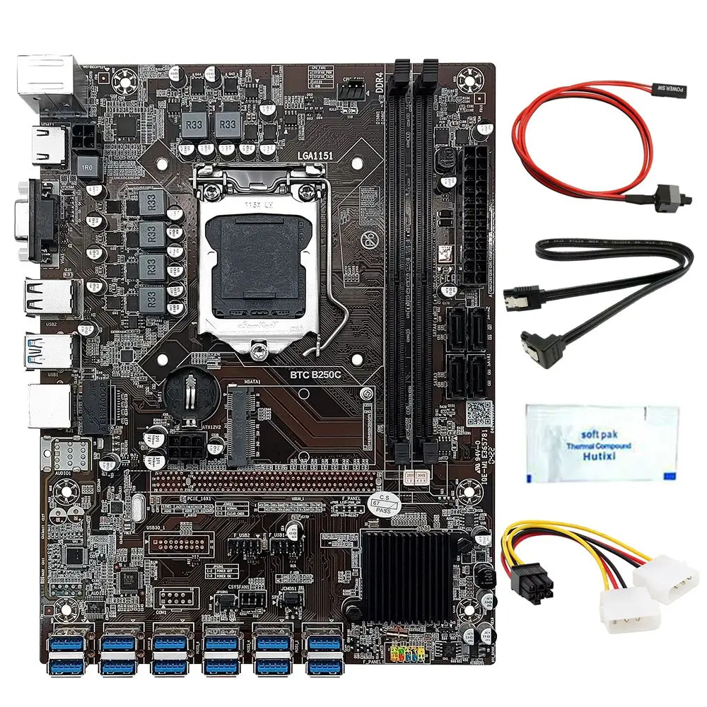 12 Card B250C BTC Mining Motherboard+Power Cable+SATA/Switch Cable+Thermal Grease 12 USB3.0(PCIE) LGA1151 DDR4 MSATA