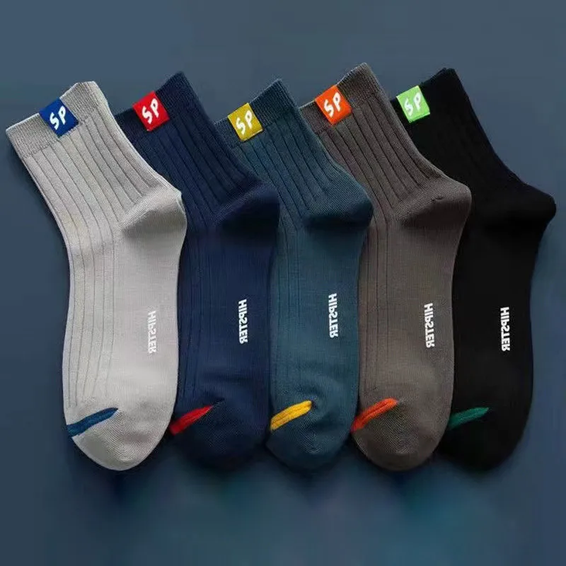 5Pair Fashion Solid Color Cotton Socks Autumn Winter Men's Middle Tube Socks Casual Crew Socks Elastic Students Socks