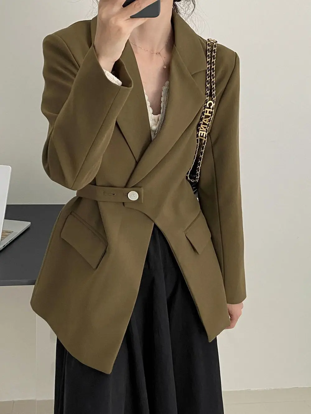 2023 New Spring Fashion Women's Blazer Notched Loose Single Button Long Sleeve Lace Up Waist Suit Jackets Slim Office Lady Coat
