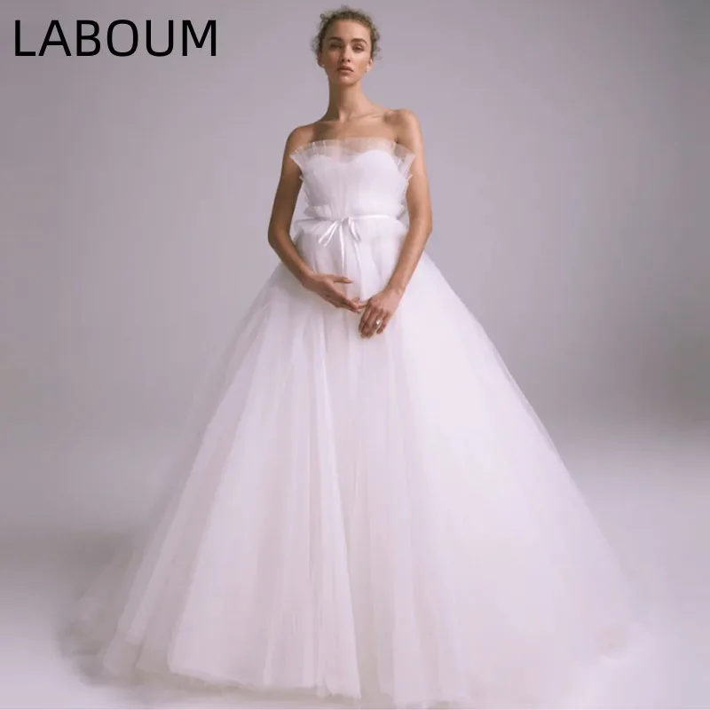 

LaBoum Modern Strapless Wedding Dress for Women Bridal Ball Gowns Lace Scalloped Neck Vestidos De Novia Backless Court Train