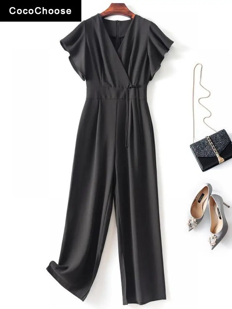 

Womens Jumpsuits Summer 2022 Fashion Designer Sexy Black Pants Long Trouser V-neck Ruffles Sleeve High Waist Wide Leg Rompers