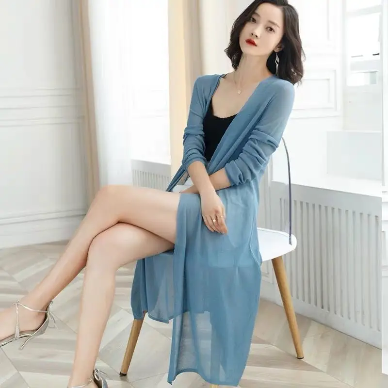 

Woman Summer Ice Silk Knitted Cardigan Female Shawl Jacket Thin Section Sunscreen Air-Conditioning Basic Long Sleeves Coats G72