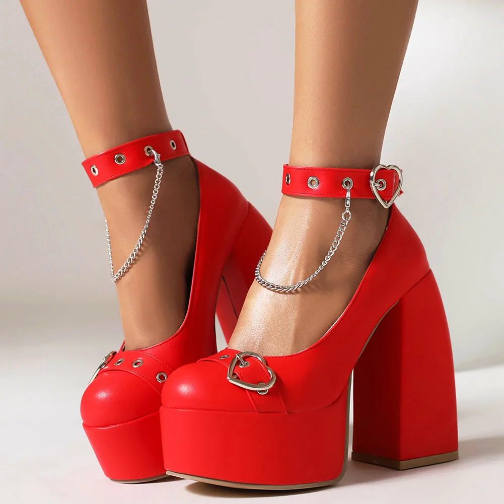 Brand Design Ladies Platform Pumps Fashion Heart Buckle Chain Thick High Heels women's Pumps Party Office Sexy Shoes Woman