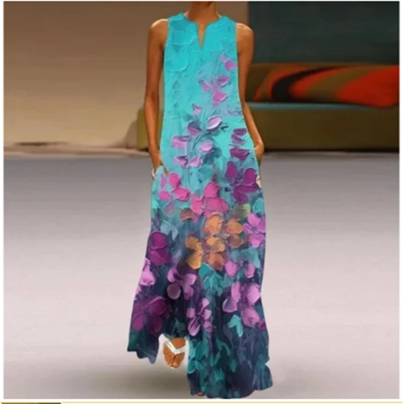 Женский ретро - принт Sundress Летняя мода V воротник длинные юбки без рукавов