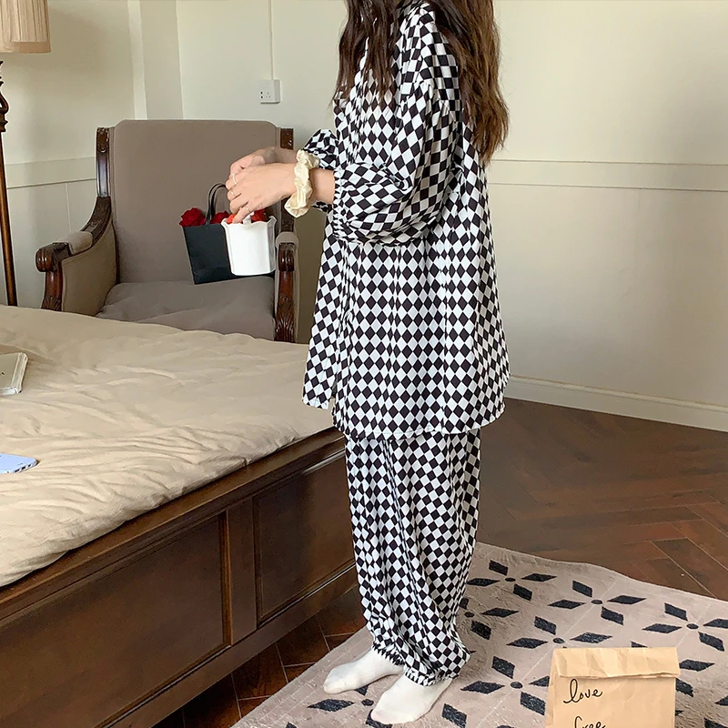 CAIYIER Women Korean Cartoon Sleepwear Casual V-Neck Long Sleeve Nightwear Autumn Sweet Girl Pajamas Set Loose Outifits Homewear