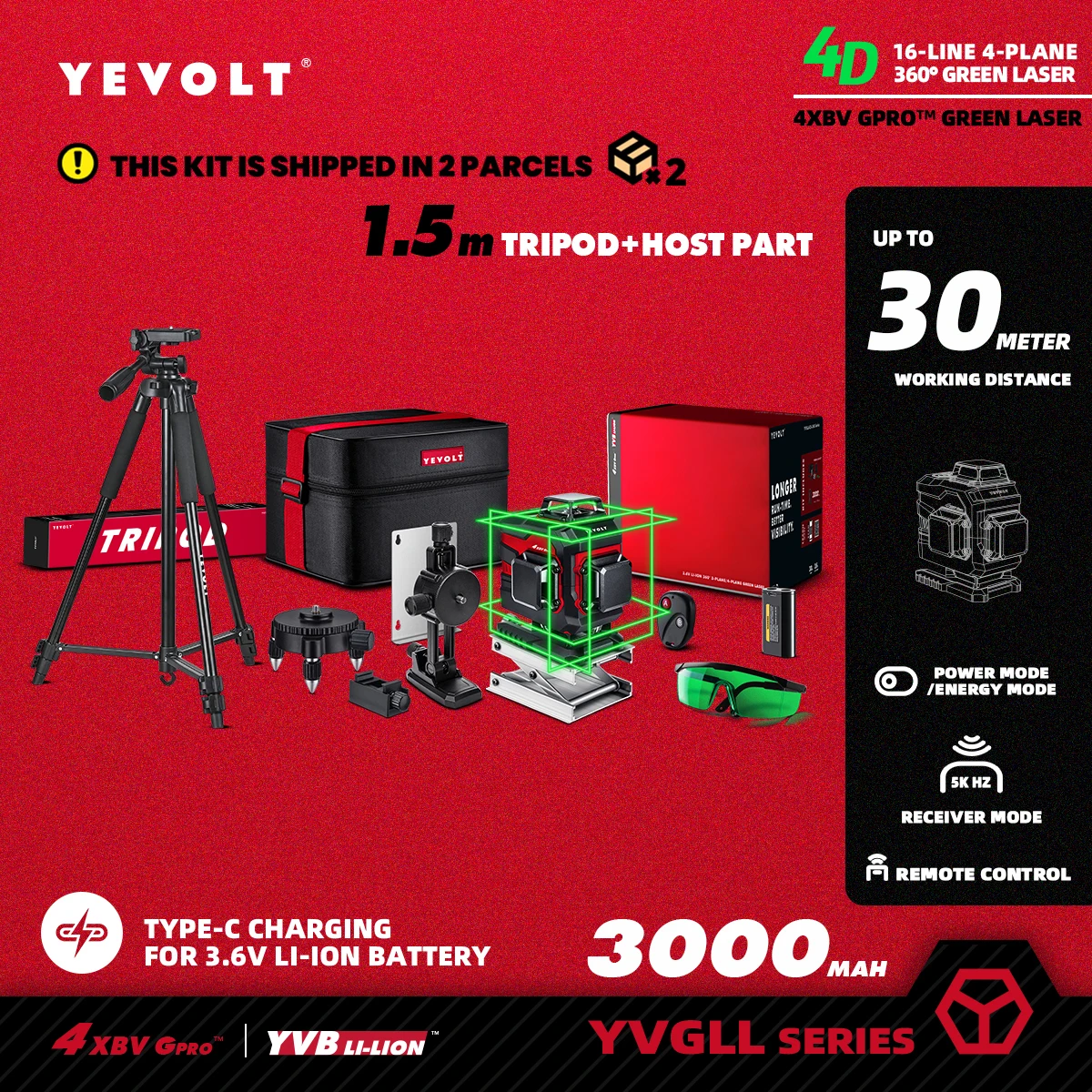 Фото Серия YEVOLT YVGLL4XS16, зеленый лазерный уровень, 4 листа, 16 линий, самовыравнивающийся, 360, 3D, горизонтальные и вертикальные измерительные инструменты №1