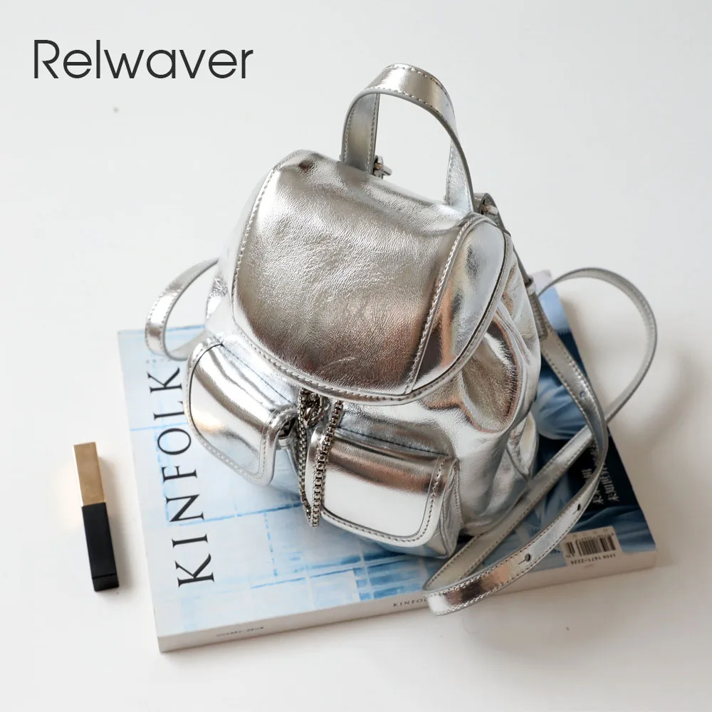 

Relwaver leather backpack genuine cow leather chic small backpack 2023 autumn new stylish silver white fashion women backpack