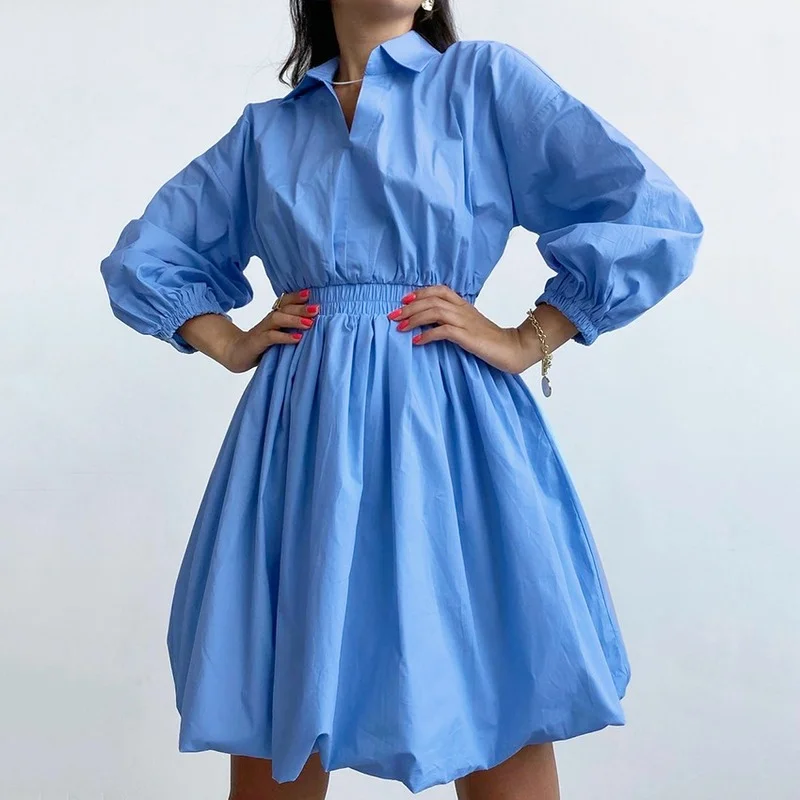 

New Cotton Elegant High Waist Shirt Dress Women Lantern Sleeve V-Neck Ball Gown Mini Dress Solid Pleated Dresses Female Autumn