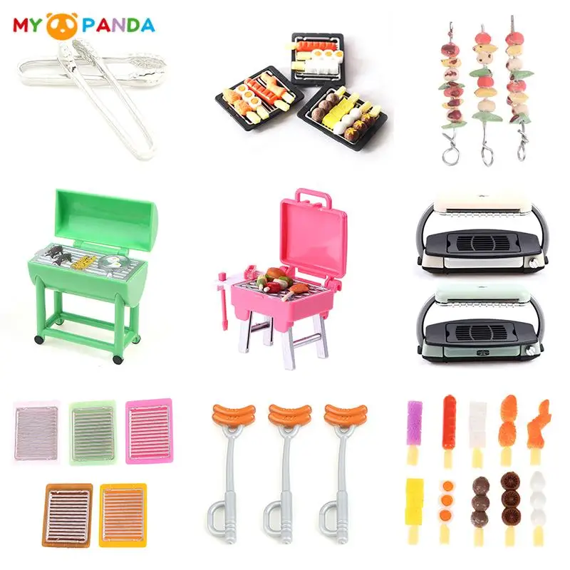 1:12 Dollhouse Miniature Barbecue Machine BBQ Grill with Food Toy BBQ Skewer Barbecue Clip Plate Dolls Kitchen Food Accessories