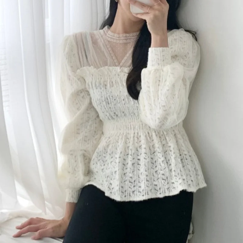 

Korea Chic Early Spring Stand-up Collar Hollow Crochet Mesh Stitching Tube Top Waist Puff Sleeve Lace Shirt Shirt