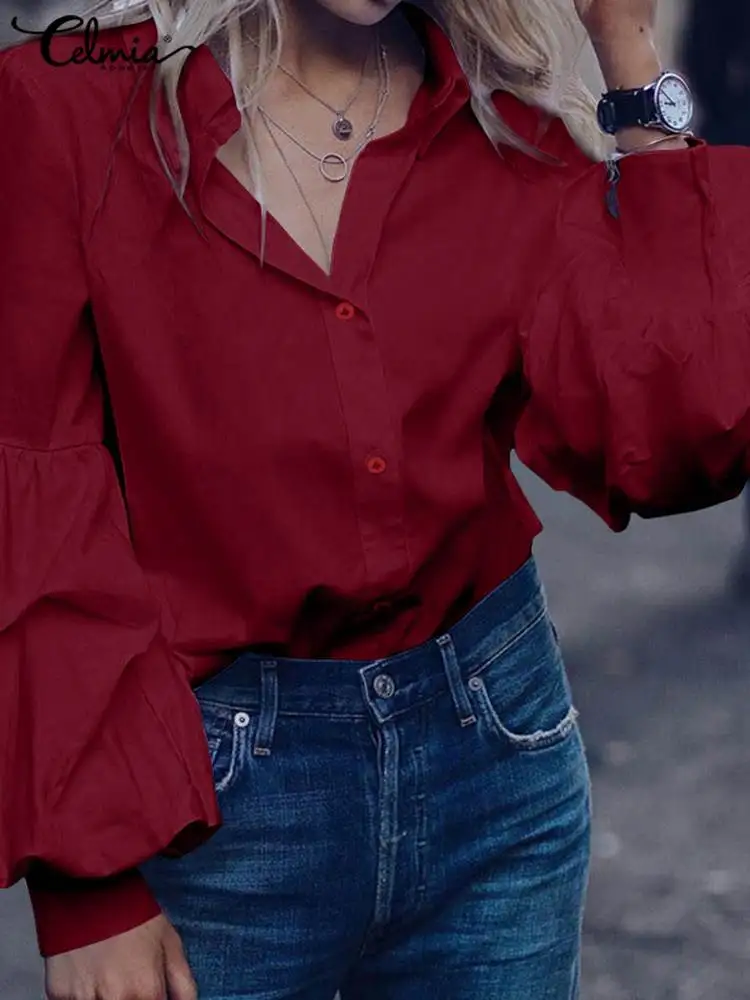 

Female Casual Loose Shirts Celmia 2022 Fashion Women Streetwear Lantern Sleeve Thin BlousesTurn-down Collar Blusas Femininas