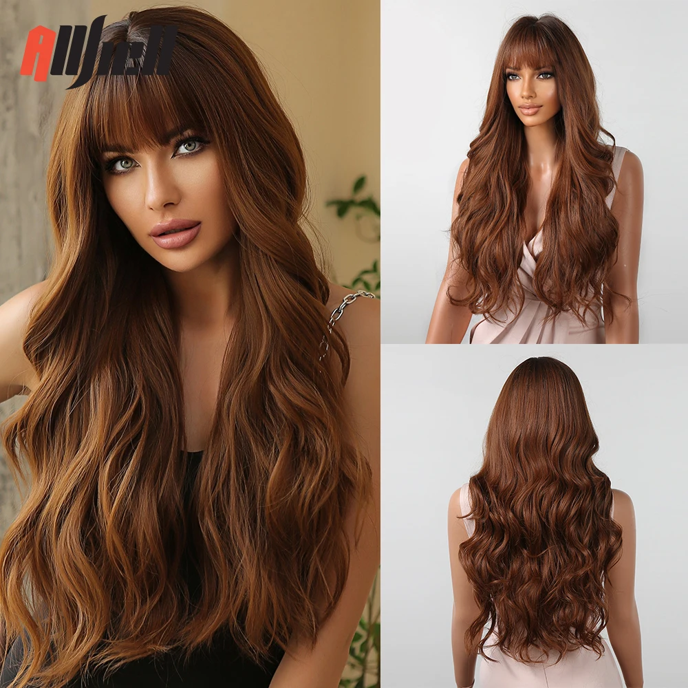 

Synthetic Wigs Long Wavy Natural Hair Wigs with Bang Black to Brown Ombre Hair for Women Afro Cosplay Wig Heat Resistant Fiber