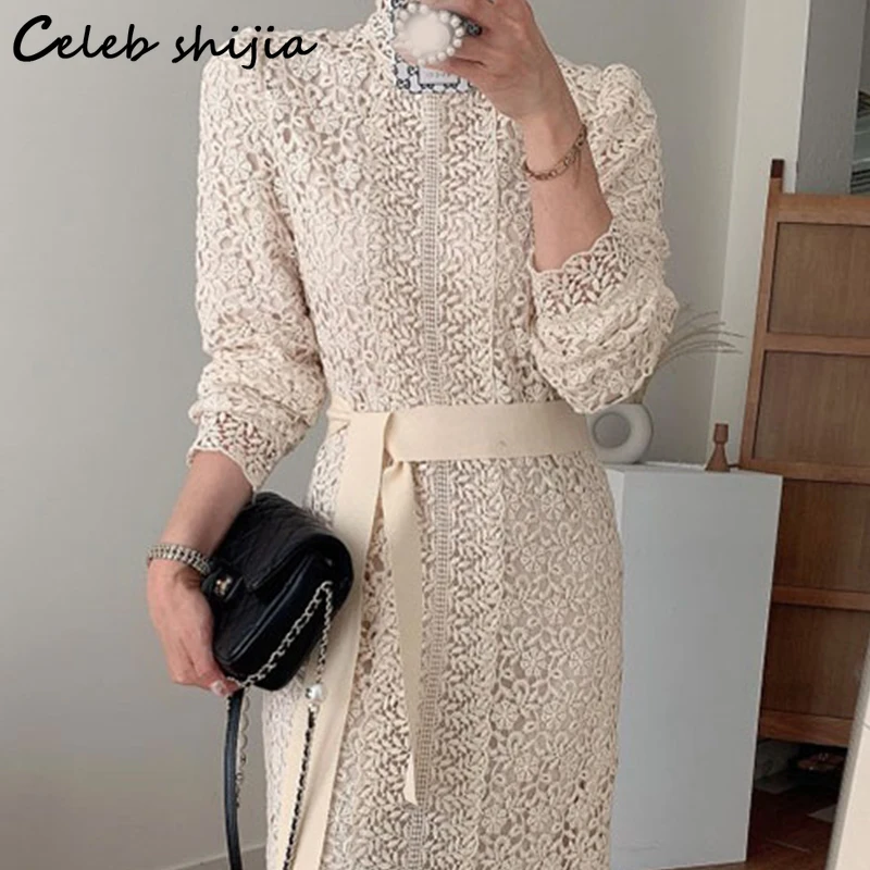 

Apricot Lace Dress Women Vintage 2022 Hook Flower Hollow Long-sleeve Elegant Party Dresses Female Korean Chic Vestido Clothing l