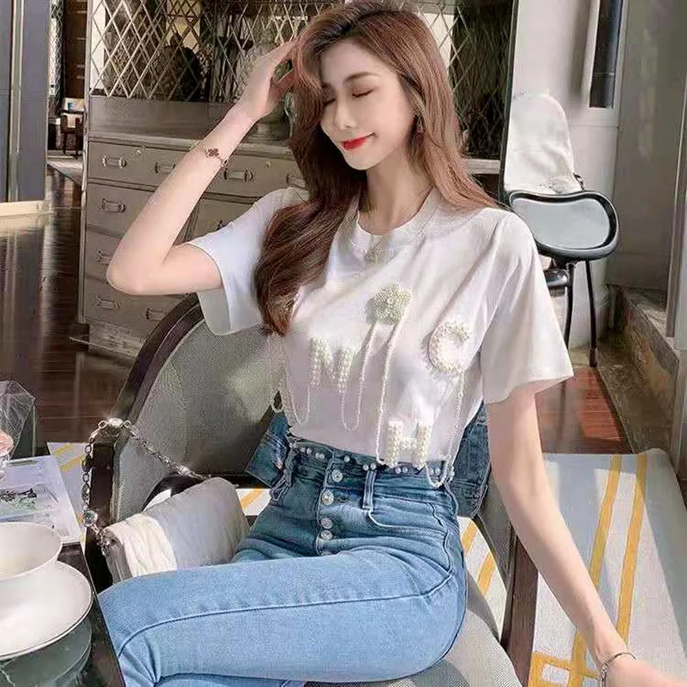2022 New Fashion T Shirts for Women Cotton Tees Pearl Embroider Letter Summer Rhinestone Camisetas Mujer Short Sleeve T-shirts