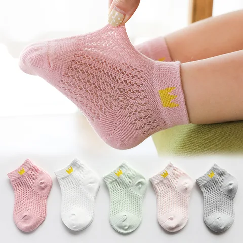 Носки летние для девочек, дышащие мягкие хлопковые детские короткие носки до щиколотки, кружевные сетчатые милые носки принцессы с оборками и цветами, 5 пар