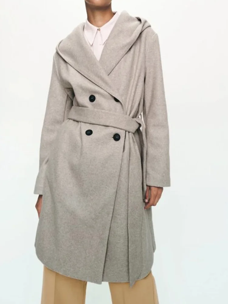 

Женское однотонное двубортное пальто из смешанной шерсти с поясом, Осень-зима 2023