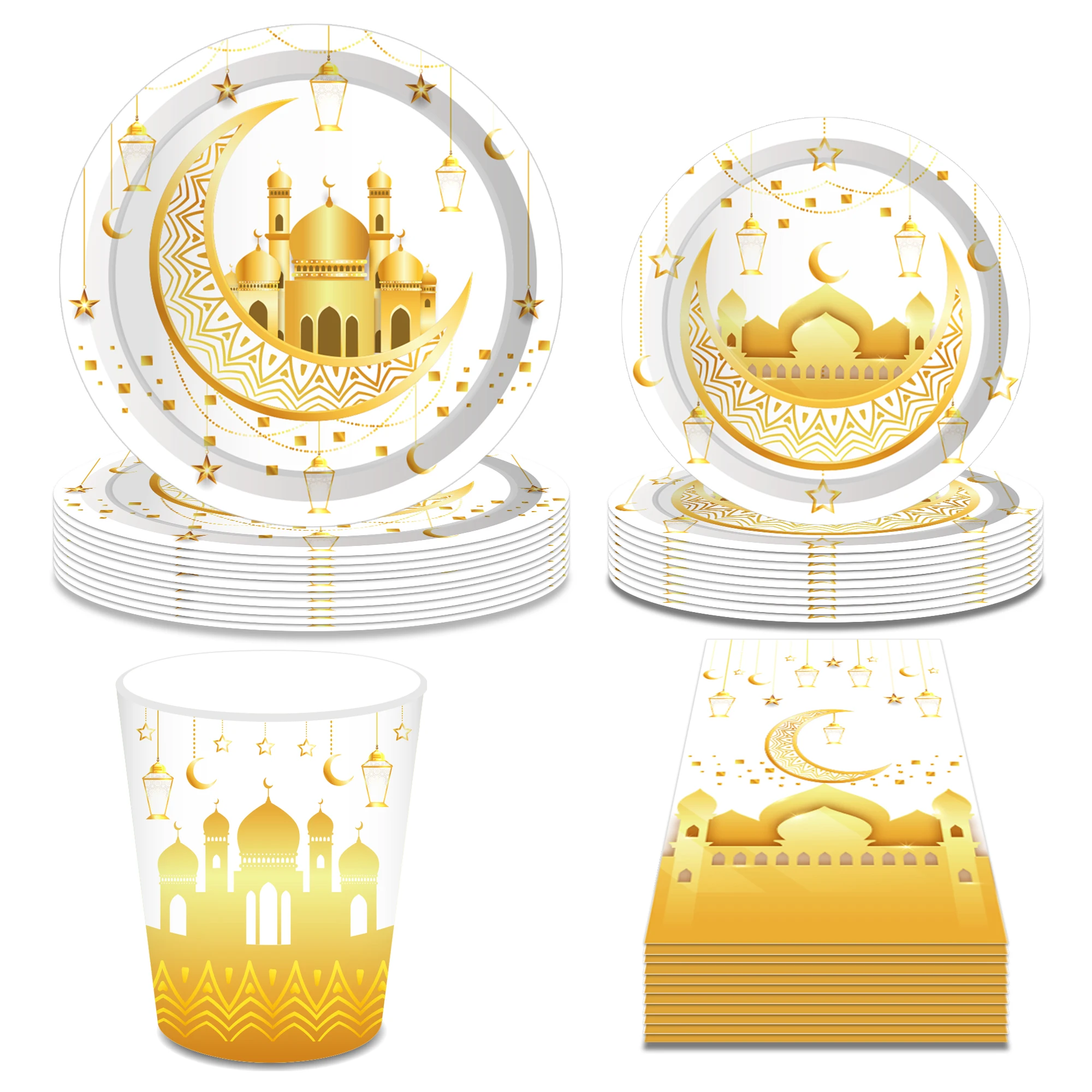 Ramadan Decorations Disposable Tableware Gold Mosque Paper Plates Cup Napkin Tablecloth Gift Box Mubarak Eid Decoration