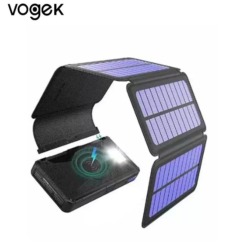 NEW Vogek Solar Folding Power Bank 16000mAh Qi Wireless Solar Charger Magnet Foldable Wireless External Battery with LED Light