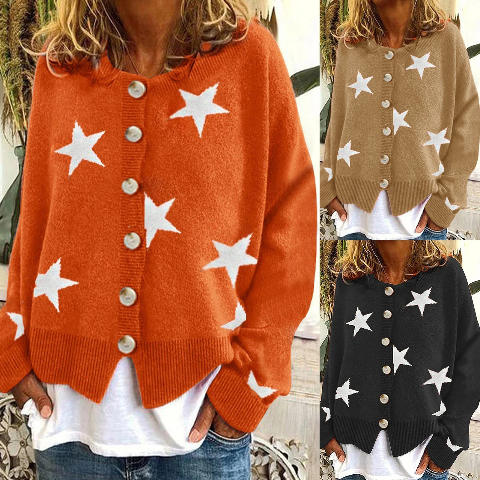 

Women Single Breasted Coat Star Pattern Ladies Long Sleeve Sweater Crew Neck Open Front Sweater Loose Fit Casual Vacation Outfit
