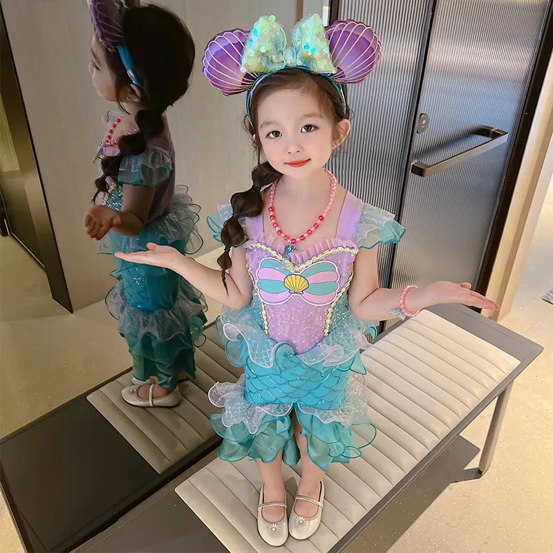 

Girl Mermaid Princess Dress Children Birthday Party Carnival Costumes Kids 2023 Summer Holiday Sequins Color Short Sleeve Dress